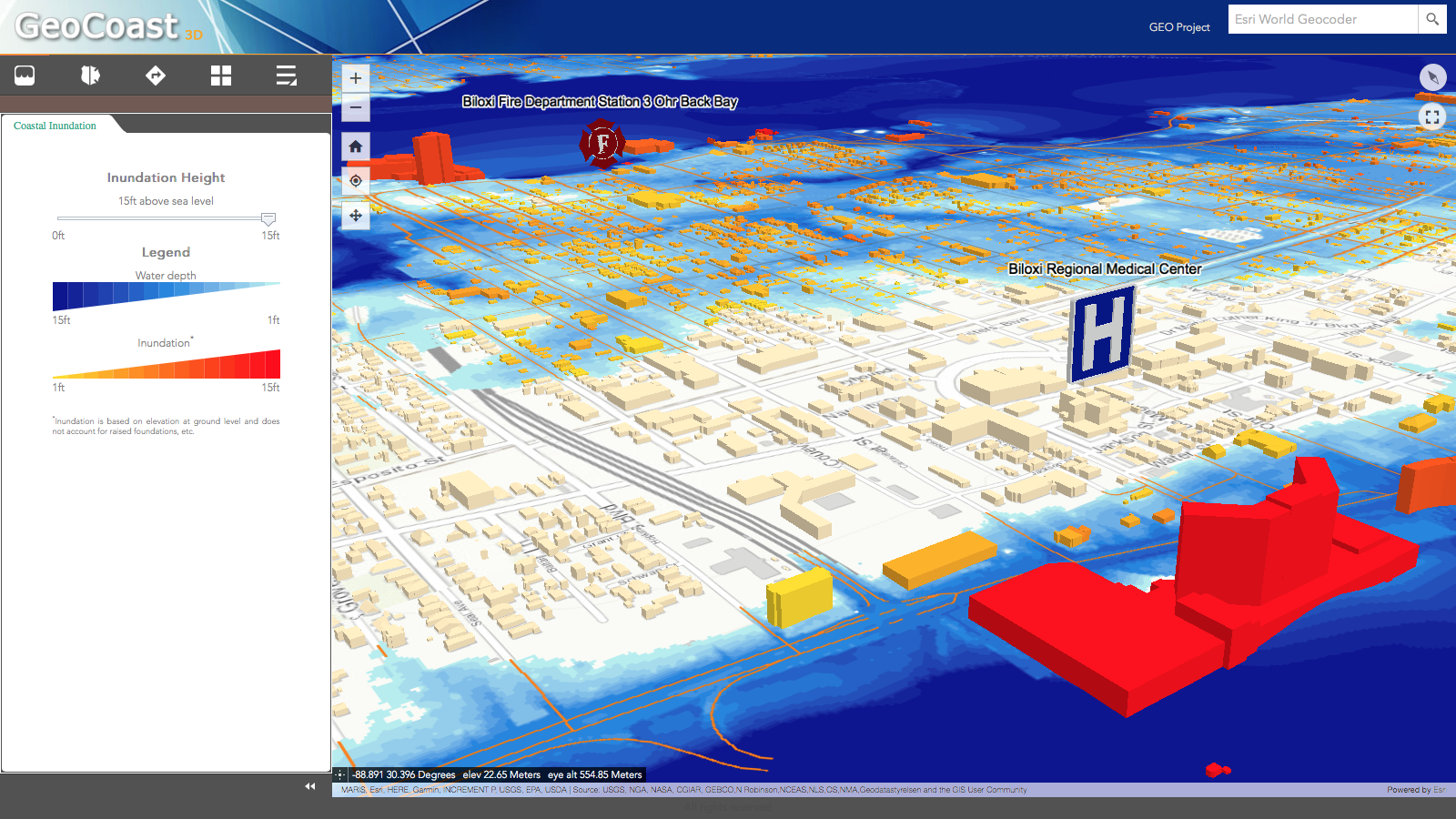 GeoCoast3D provides a 3-dimensional view of coastal inundation and the impact on buildings