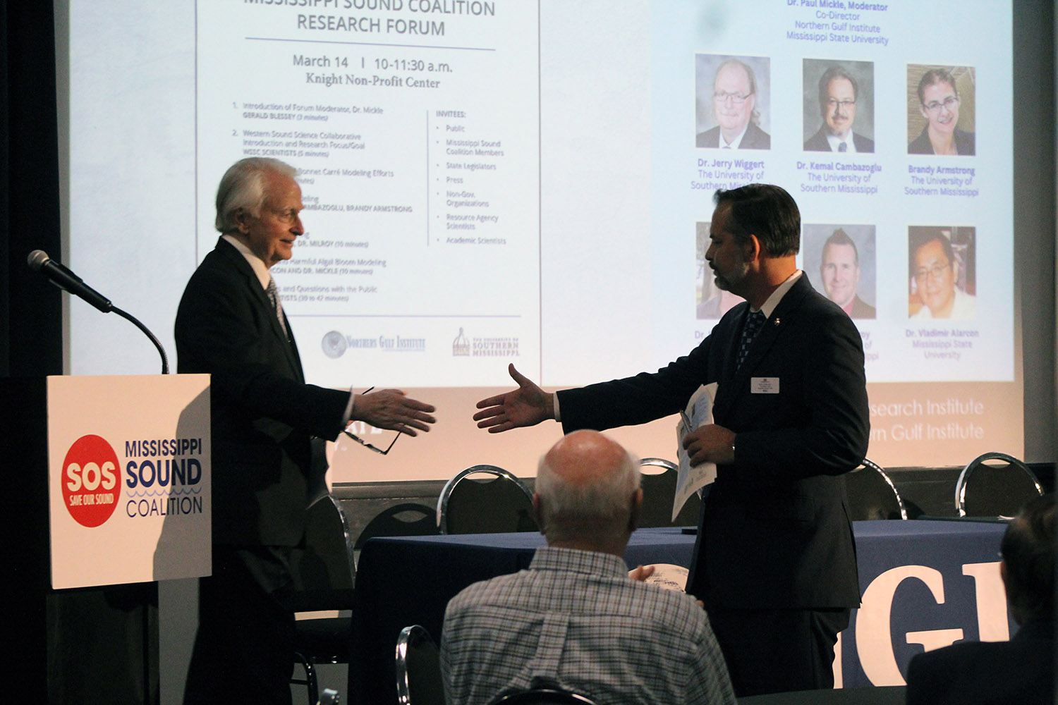 Gearld Blessey with the Mississippi Sound Coalition introduces Dr. Paul Mickle, Co-Director of the Northern Gulf Institute, as moderator of the Scientific Research Forum