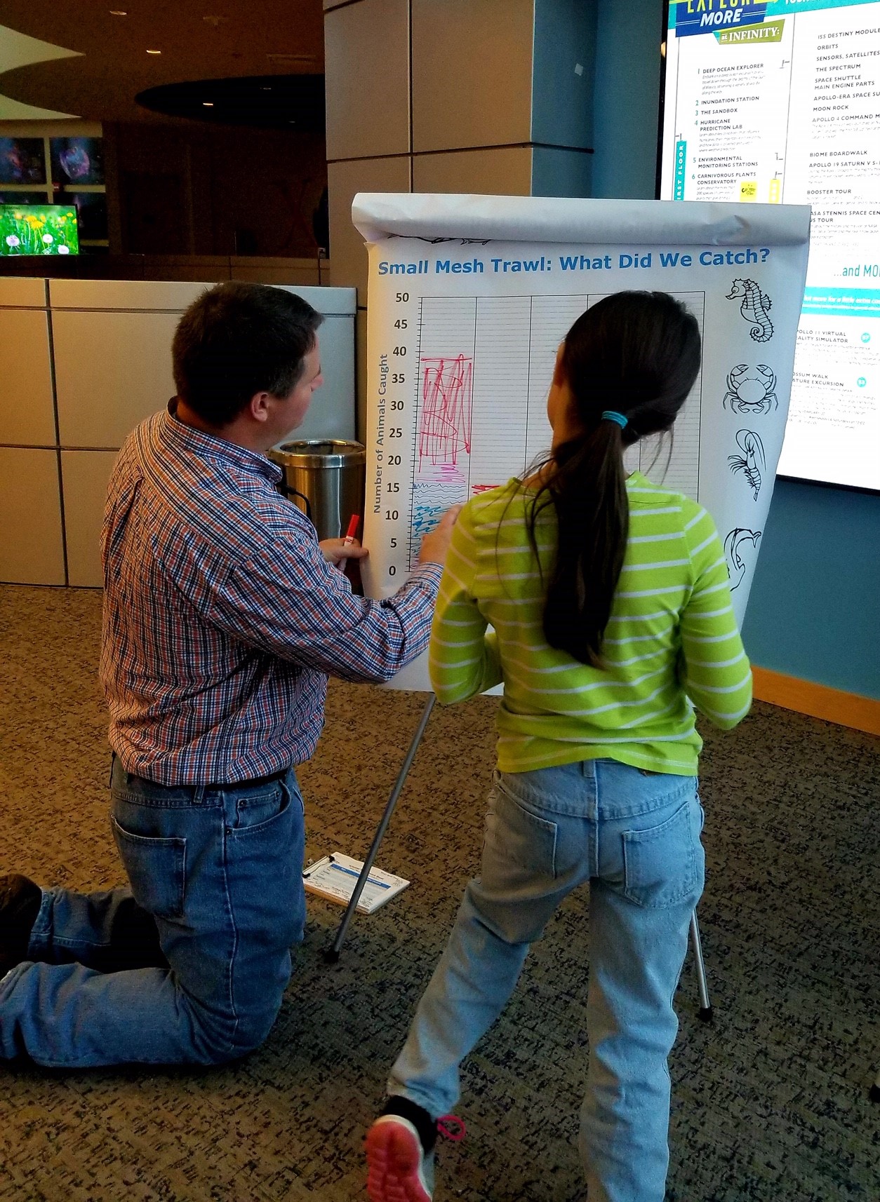 man with girl looking at a bar graph